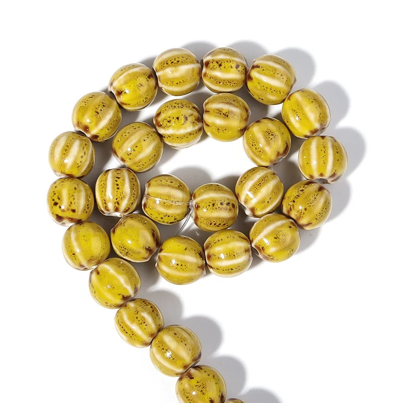 1 Strand Pumpkin Shape Stripe Ceramics Beads Colorful Floral Glaze Beads