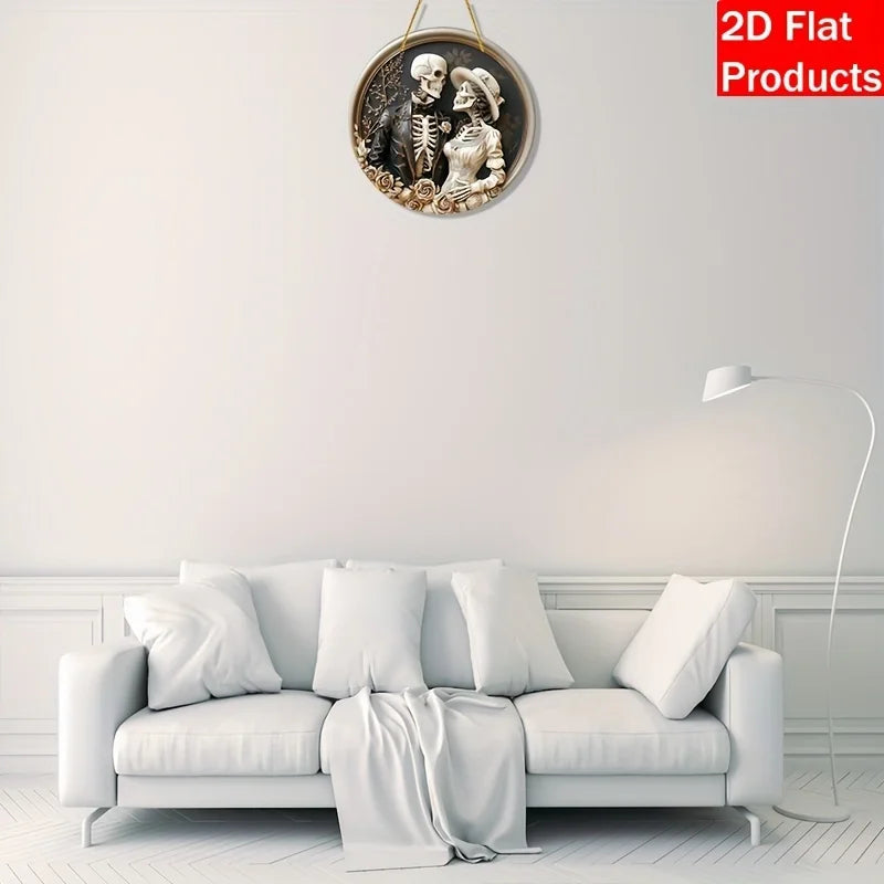 1pc 2D flat round wooden hanging plaque rustic skull couple pattern holiday