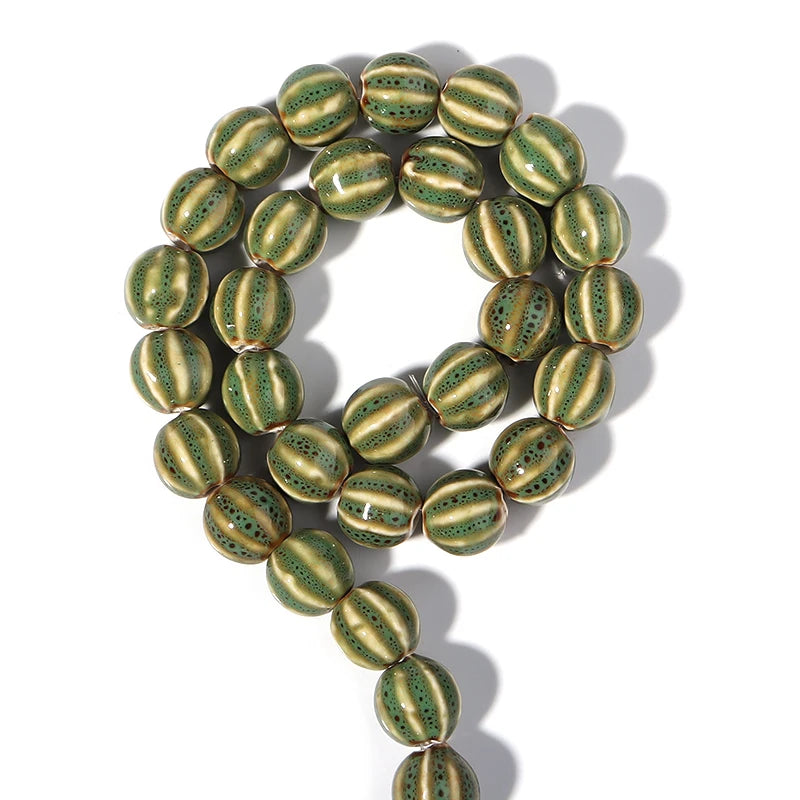 1 Strand Pumpkin Shape Stripe Ceramics Beads Colorful Floral Glaze Beads