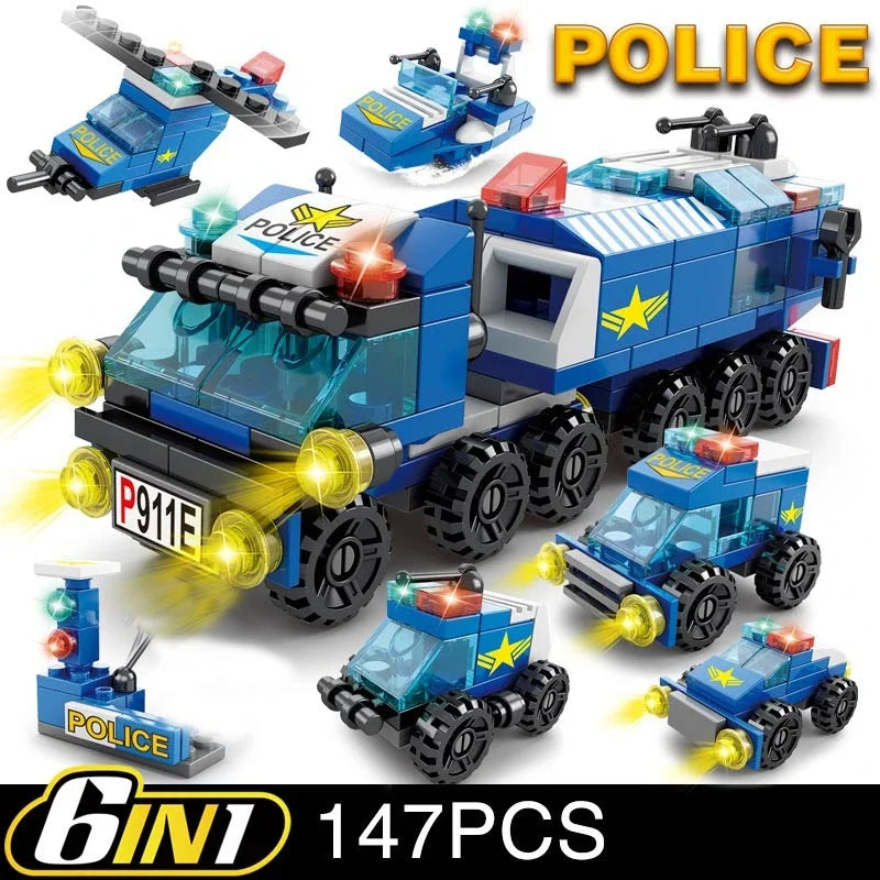 6in1 Police Sports Car Fire Engine Mini Loader Truck Plane Classic City Model