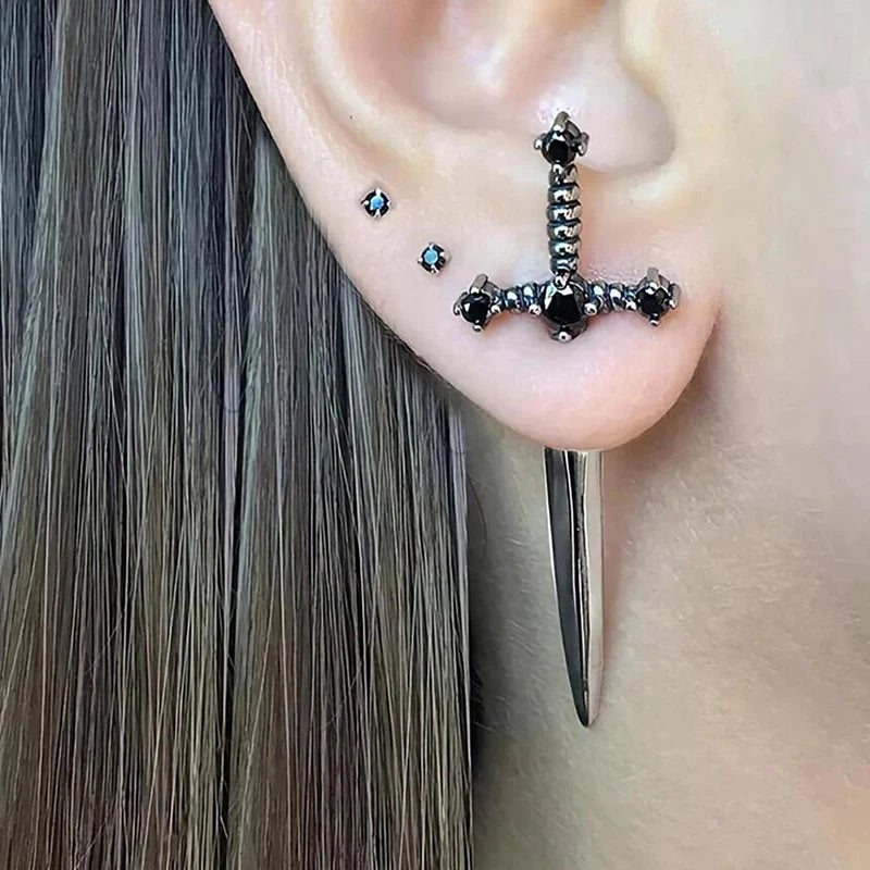 Hip Hop Cross Sword Stud Earrings Women Crystal