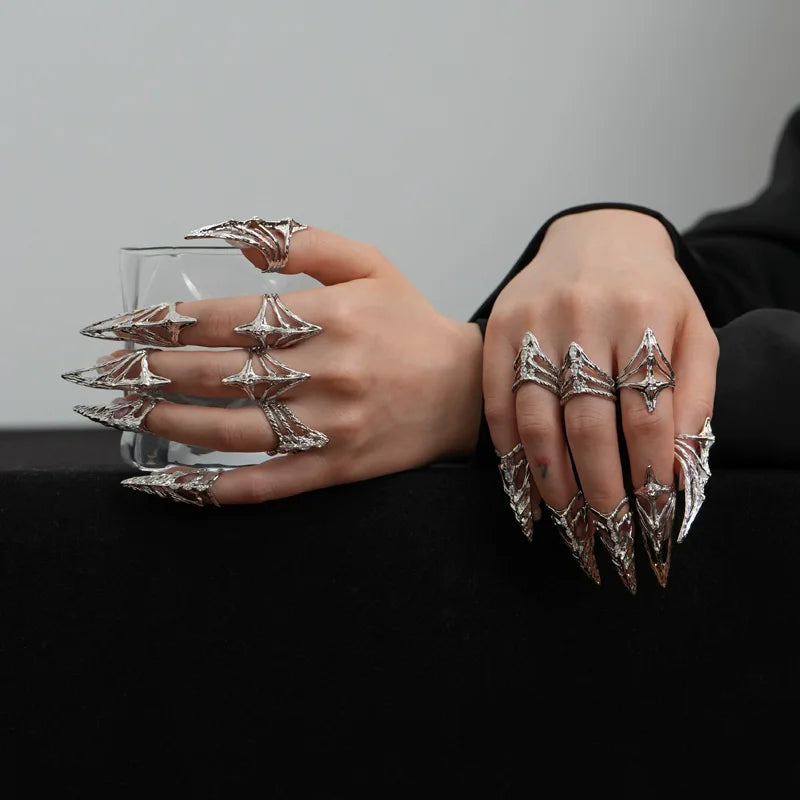 Punk Metal Nail Cover Bone Ring Gothic Rock Machinery Manicure Fingertip Ring Multilayer Finger Rings Cosplay Jewelry Set Gift