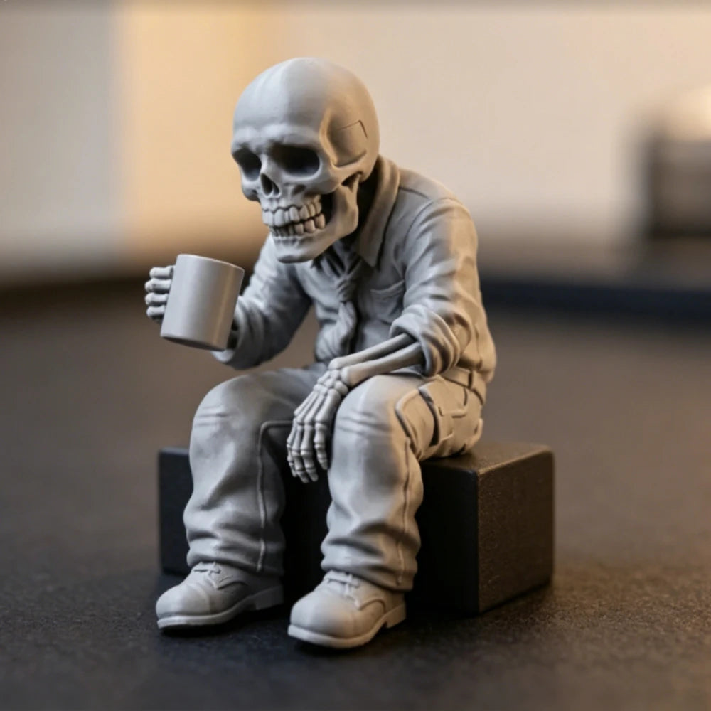 Seated Eerie Office Worker Skeleton Figurine 3D Printed Coffee Skull Desk