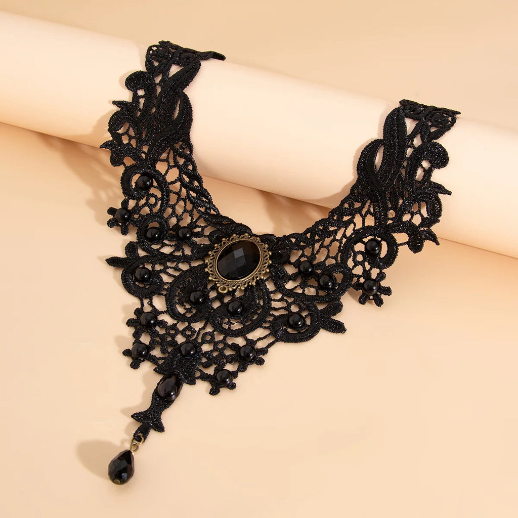 Fashion New Vintage Gem Black Lace Bead Necklace