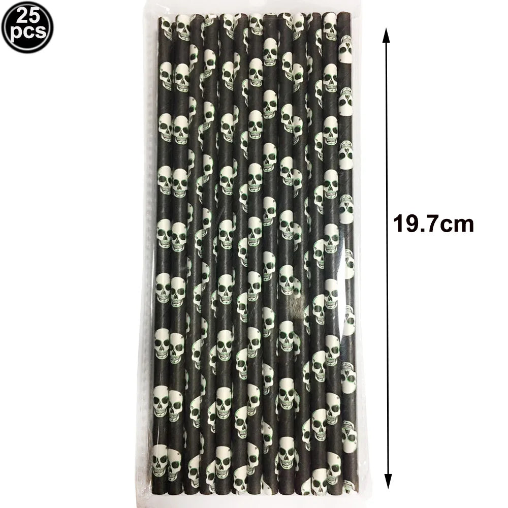 25 50 100pcs Halloween Theme Disposable Paper Straws Spider Skull Pumpkin