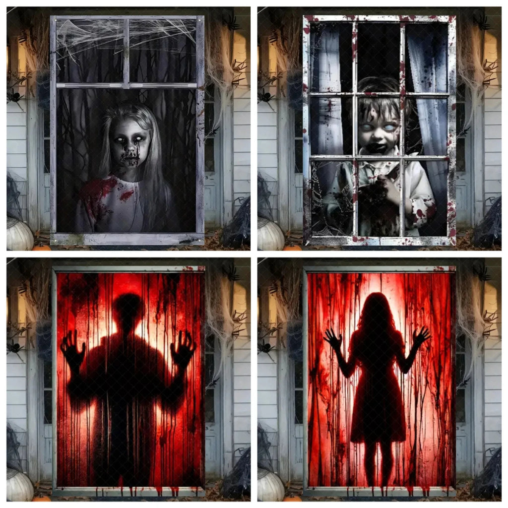 Scary Halloween Curtain Window Banner Horror Hanging Cloth Family Party Decor