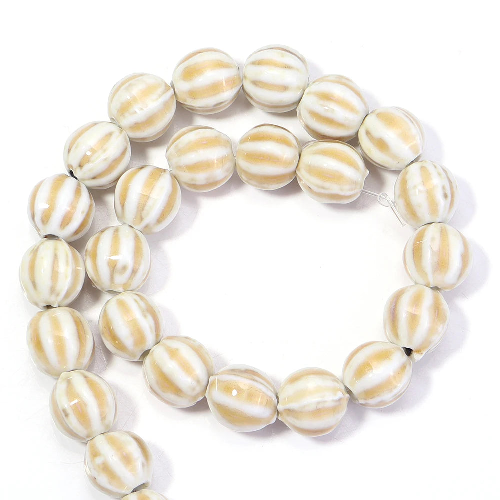 1 Strand Pumpkin Shape Stripe Ceramics Beads Colorful Floral Glaze Beads