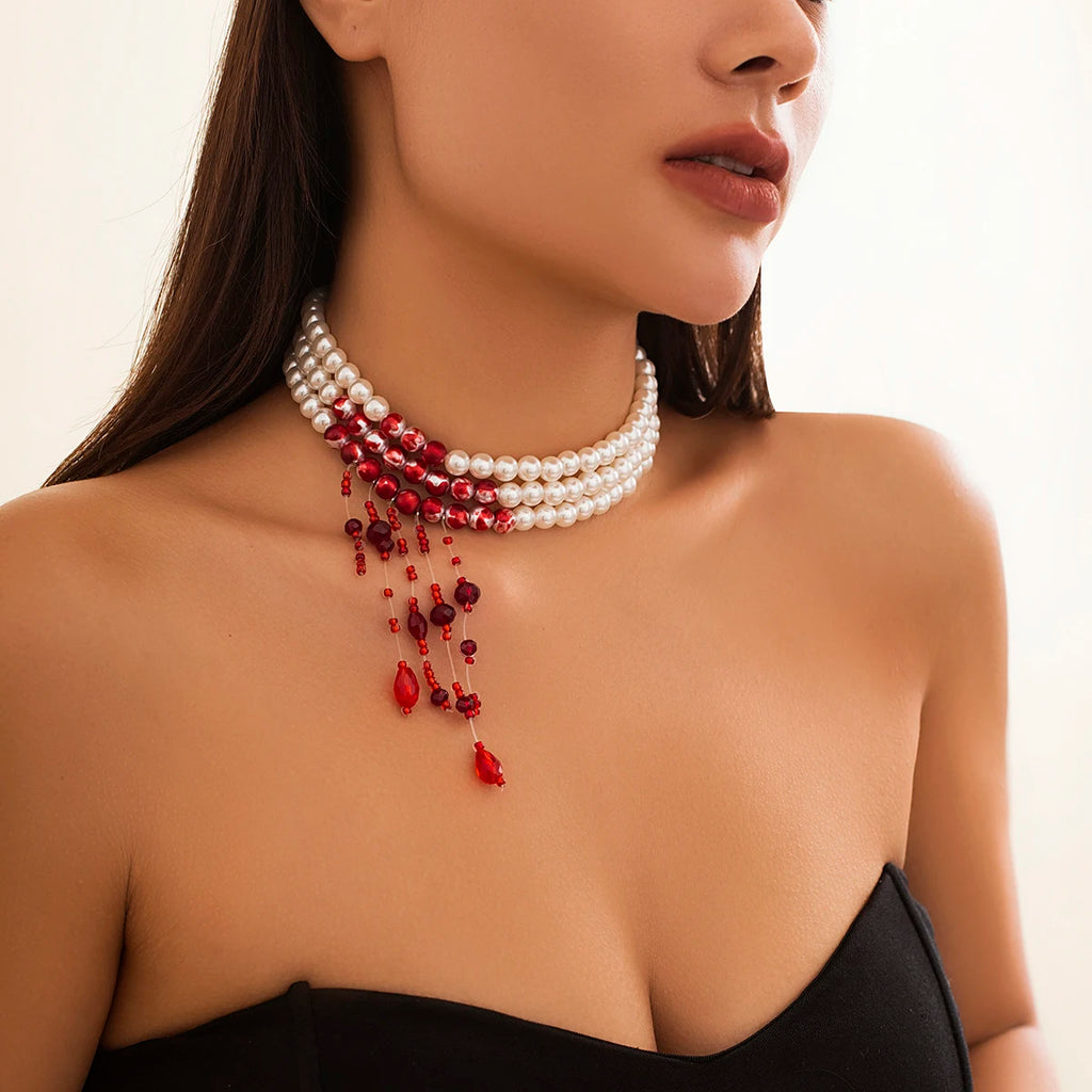 Multilayer Vintage Red Blood Pattern Tassel Necklace