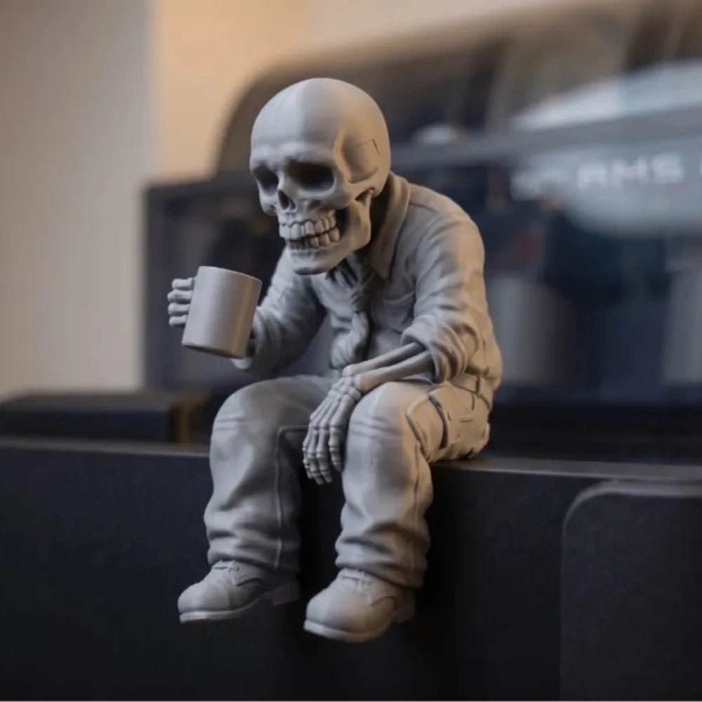 Seated Eerie Office Worker Skeleton Figurine 3D Printed Coffee Skull Desk