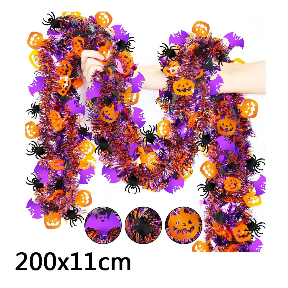 2m Halloween Tinsel Garland Pumpkin Spider Bat Shiny Metallic Twist Garland