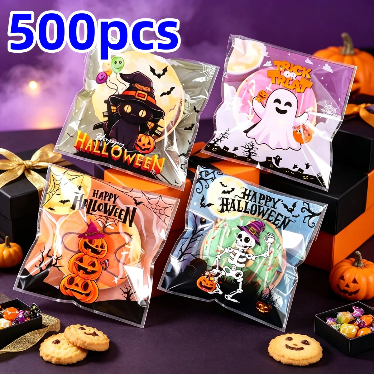 50 100 500Pcs Halloween Candy Bags Pumpkin Ghost Gift Cookie Self-Sealing