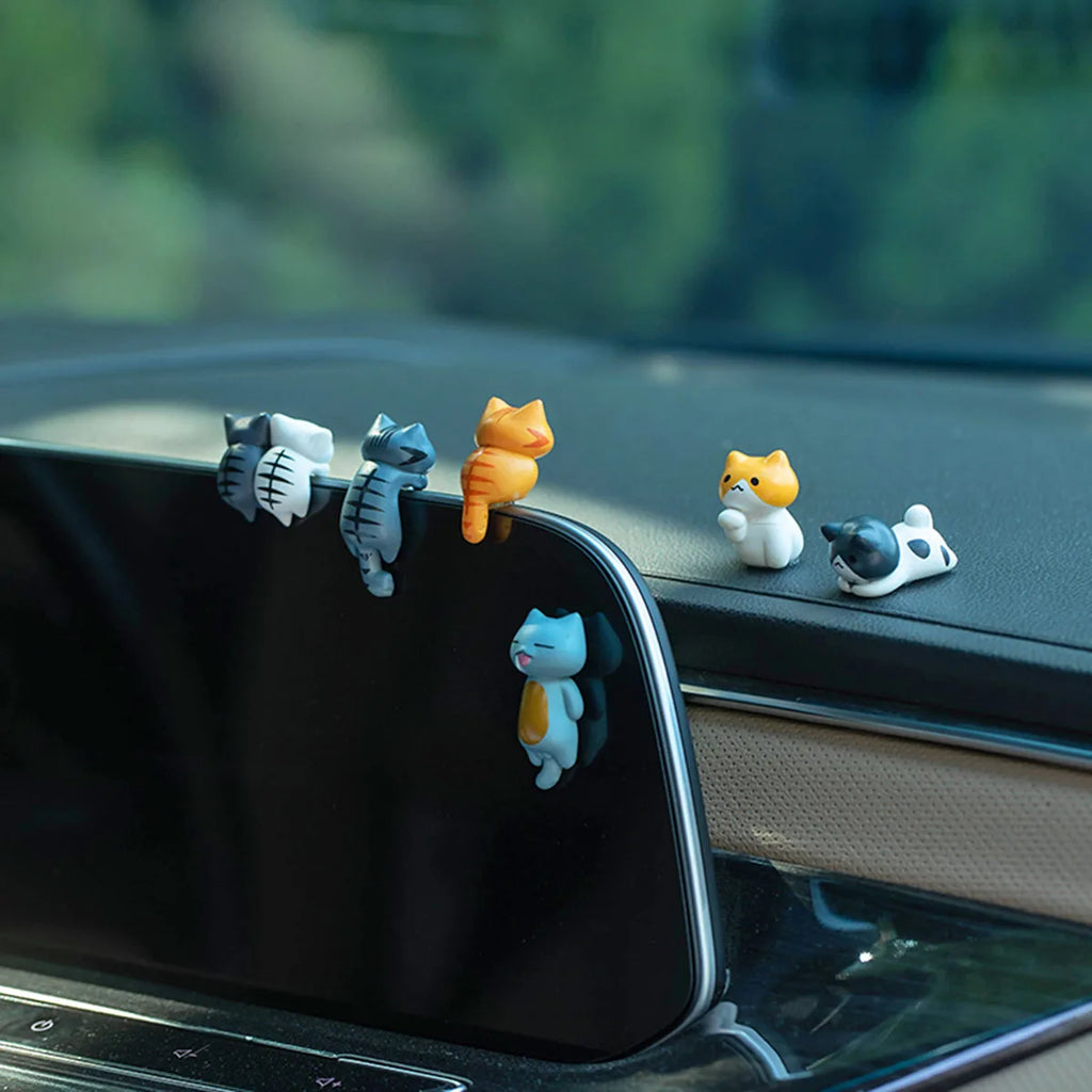6pcs PVC Cartoon Cat Figurines Car Dashboard Plant Pots Screen Edge Decor
