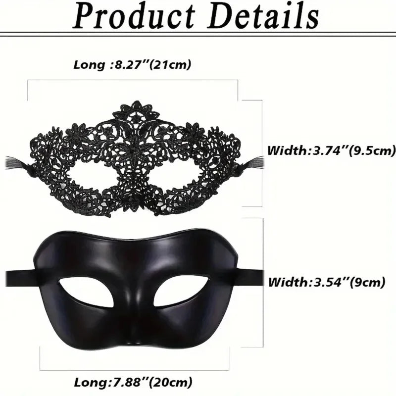 2pcs Elegant Black Lace Masquerade Mask Set Couples Venetian Party Mardi Gras