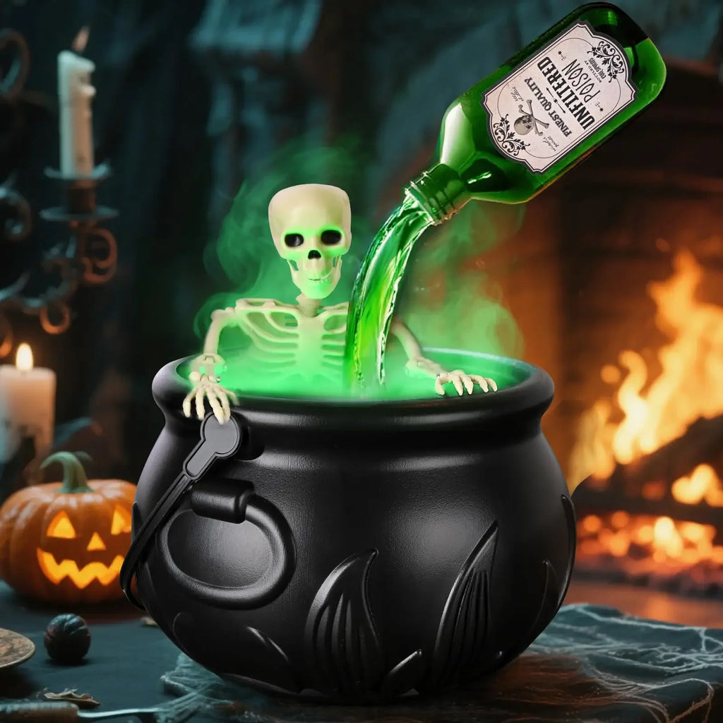 Halloween Witch Cauldron LED Light Fog Mist Maker Skeleton Decor Spooky