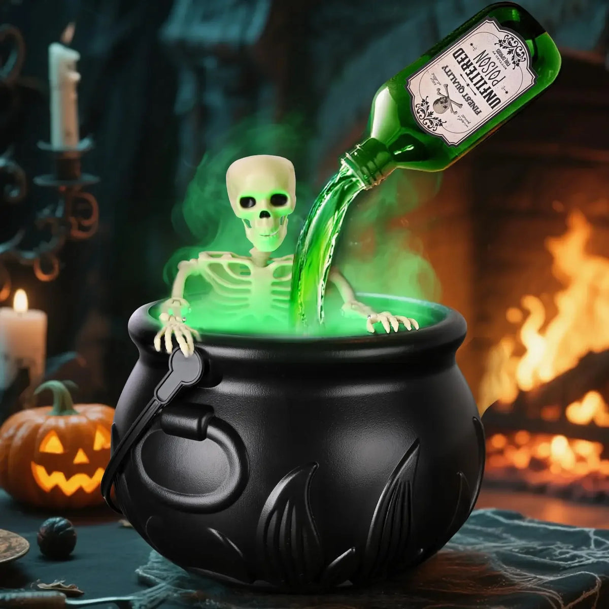 Halloween Witch Cauldron LED Light Fog Mist Maker Skeleton Decor Spooky
