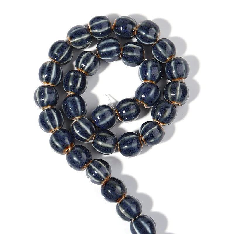 1 Strand Pumpkin Shape Stripe Ceramics Beads Colorful Floral Glaze Beads