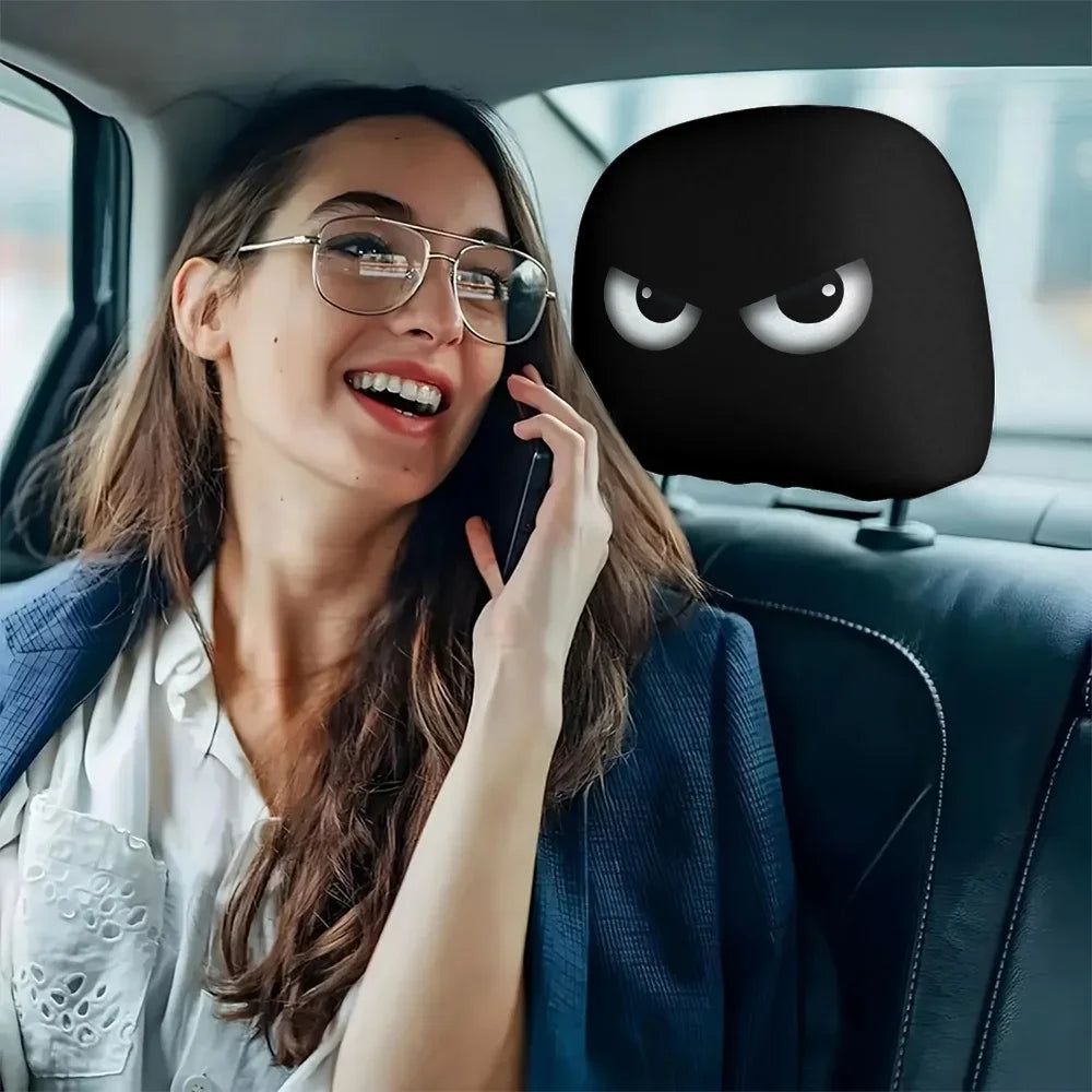 2PCS Funny Slanted Eyes Cartoon Print Car Headrest Halloween Christmas Holiday
