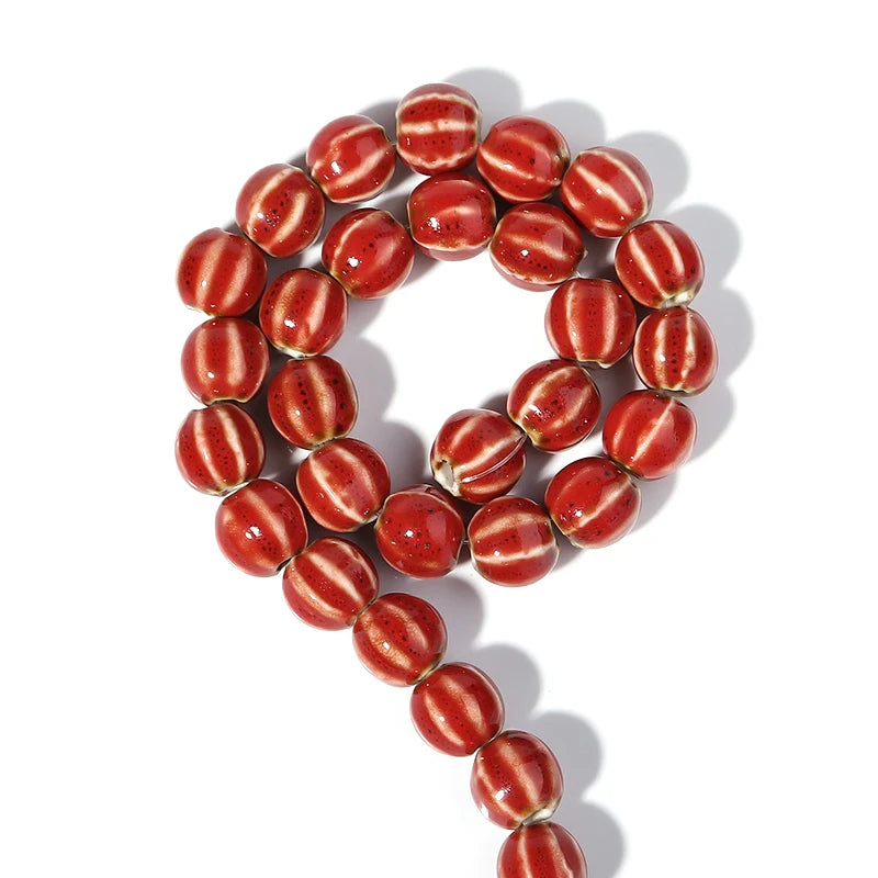 1 Strand Pumpkin Shape Stripe Ceramics Beads Colorful Floral Glaze Beads