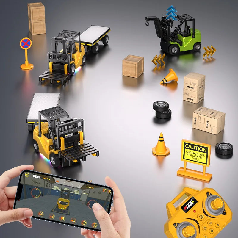 1:64 Bluetooth Remote Control Crane Forklift two-in-one Desktop Mini Alloy