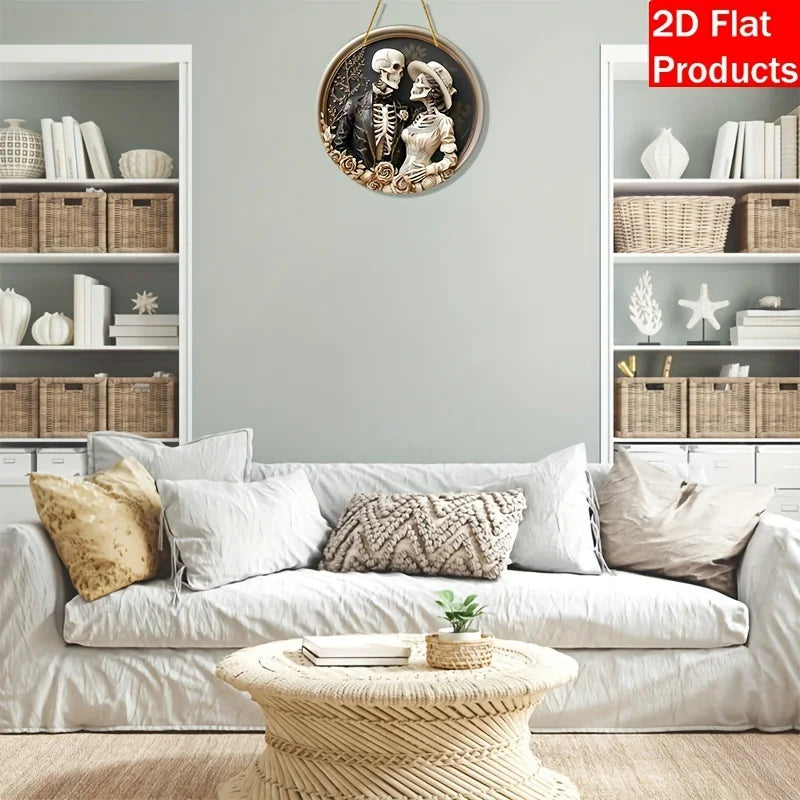 1pc 2D flat round wooden hanging plaque rustic skull couple pattern holiday