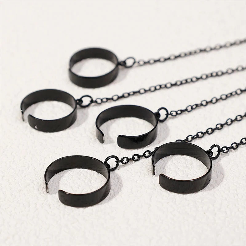Punk Geometric Black Color Chain Wrist Bracelet Ring Women Men Open Ring