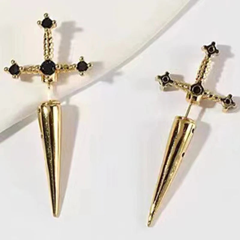 Hip Hop Cross Sword Stud Earrings Women Crystal