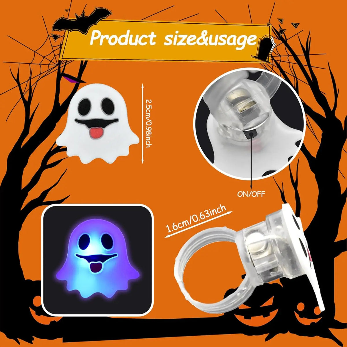 20 50pc Halloween LED Light Up Rings Toys Horror Pumpkin Ghost Spider Glow
