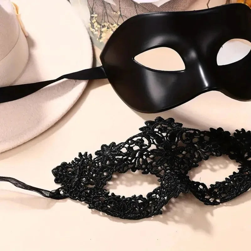 2pcs Elegant Black Lace Masquerade Mask Set Couples Venetian Party Mardi Gras