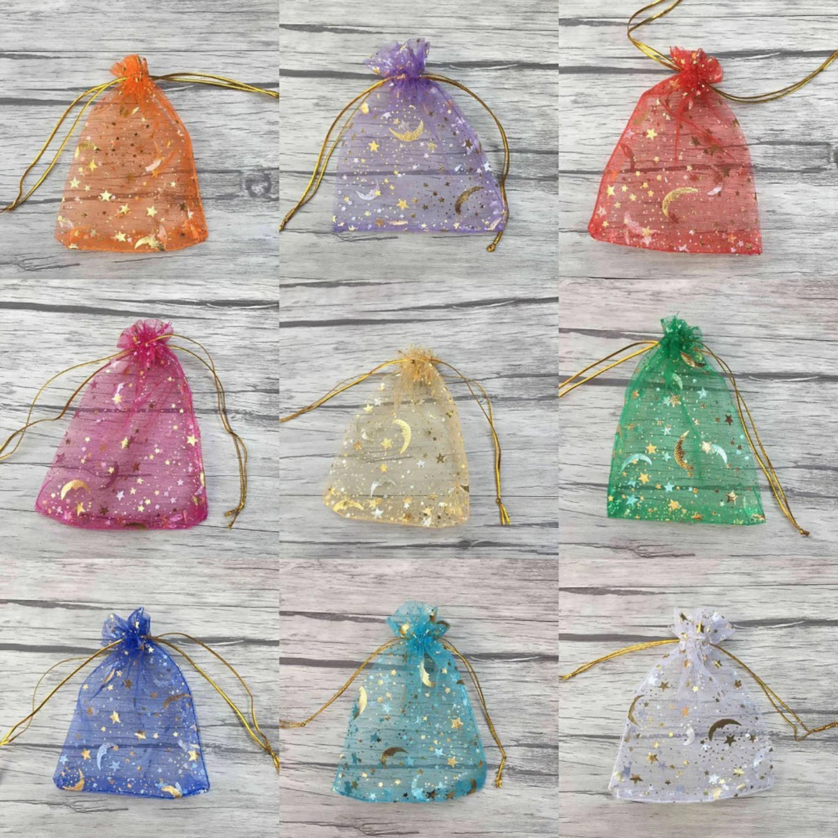 50PCS Moon Stars Drawstring Organza Bags Jewelry Gift Bags Pouches Gold