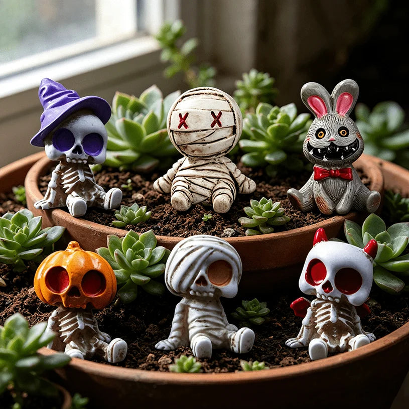 6pcs Halloween Resin Skeleton Mummy Figurines Mini Statues DIY Micro Landscape