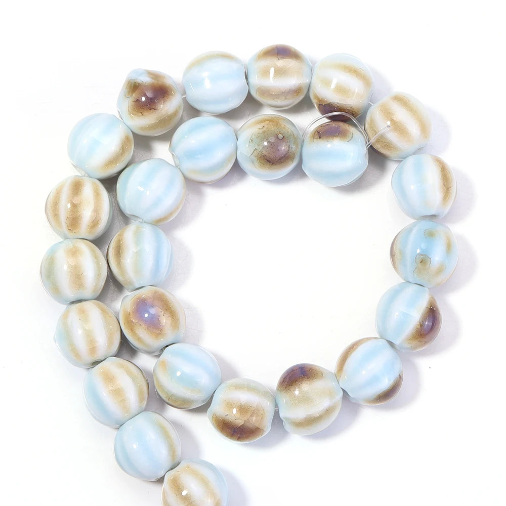 1 Strand Pumpkin Shape Stripe Ceramics Beads Colorful Floral Glaze Beads