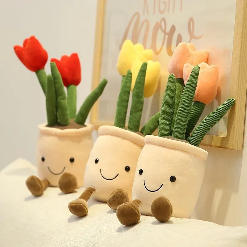 Lifelike Tulip Plant 33CM Plush Soft Stuffed Toys Potted Flower Bookshelf