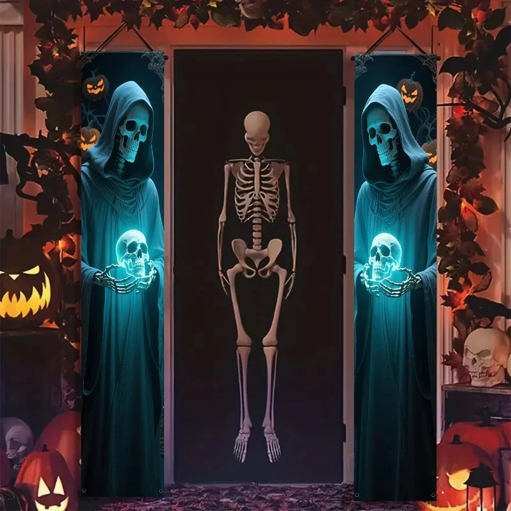 A pair Halloween decorative banners polyester skull figure design door wall