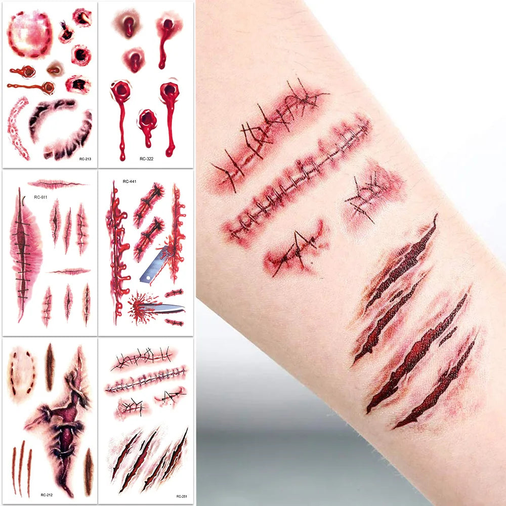 16 Pcs Halloween 3D Fake Scar Temporary Tattoos