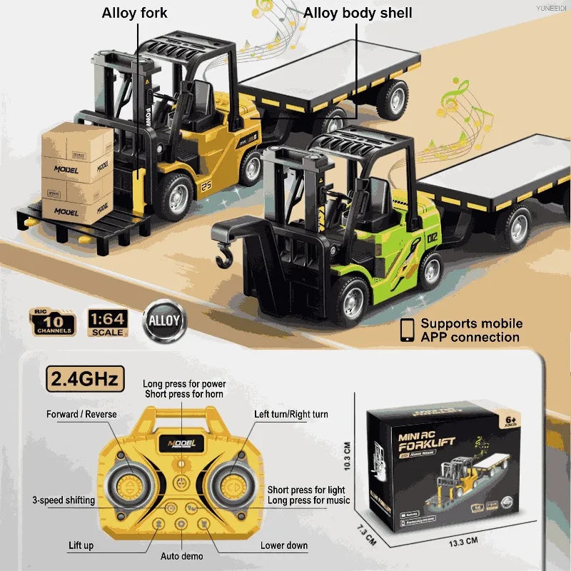 1:64 Remote Control Alloy Truck Forklift Trailer Worktop Mini Bluetooth RC
