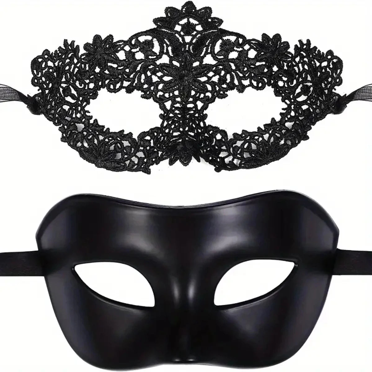 2pcs Elegant Black Lace Masquerade Mask Set Couples Venetian Party Mardi Gras