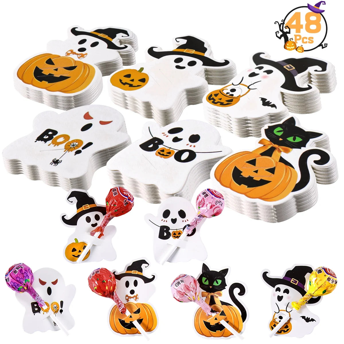 48pcs Halloween Lollipop Holder Cards Cute Pumpkin Ghost