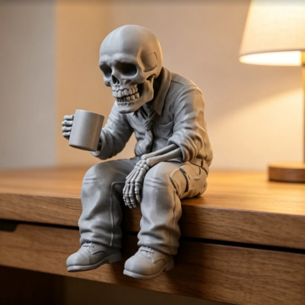 Seated Eerie Office Worker Skeleton Figurine 3D Printed Coffee Skull Desk