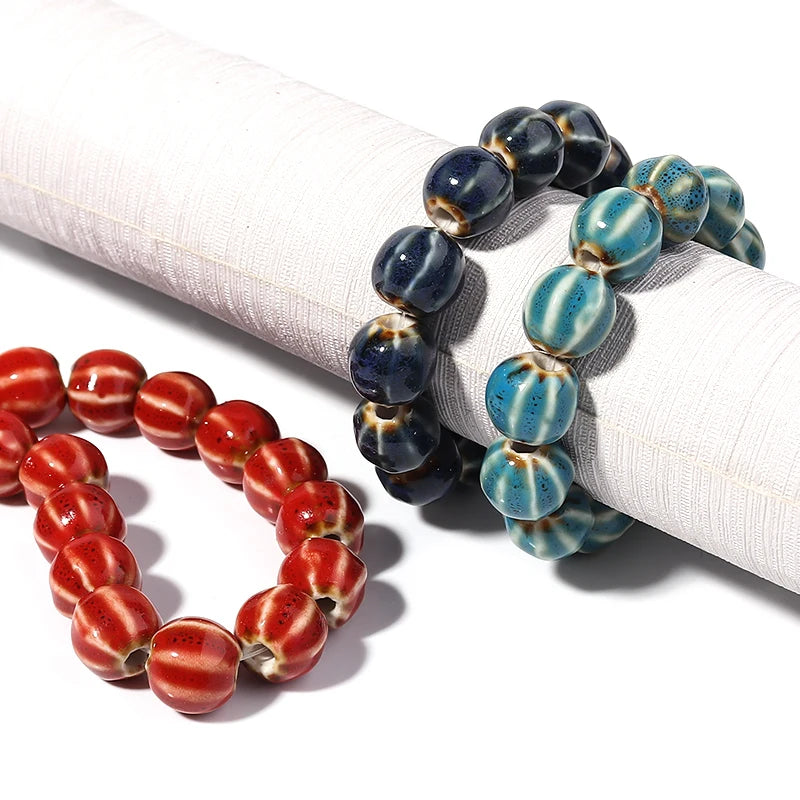 1 Strand Pumpkin Shape Stripe Ceramics Beads Colorful Floral Glaze Beads