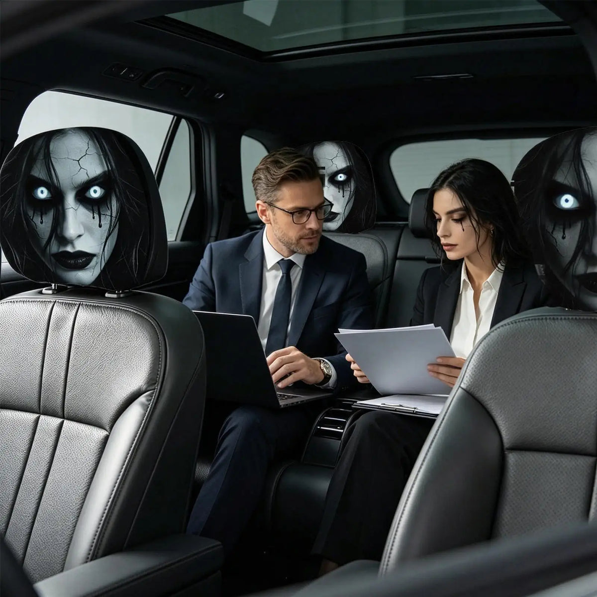 2pcs Scary Headrest Cover Halloween Decoration Accessories Hilarious Car Cover