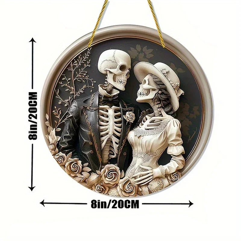 1pc 2D flat round wooden hanging plaque rustic skull couple pattern holiday