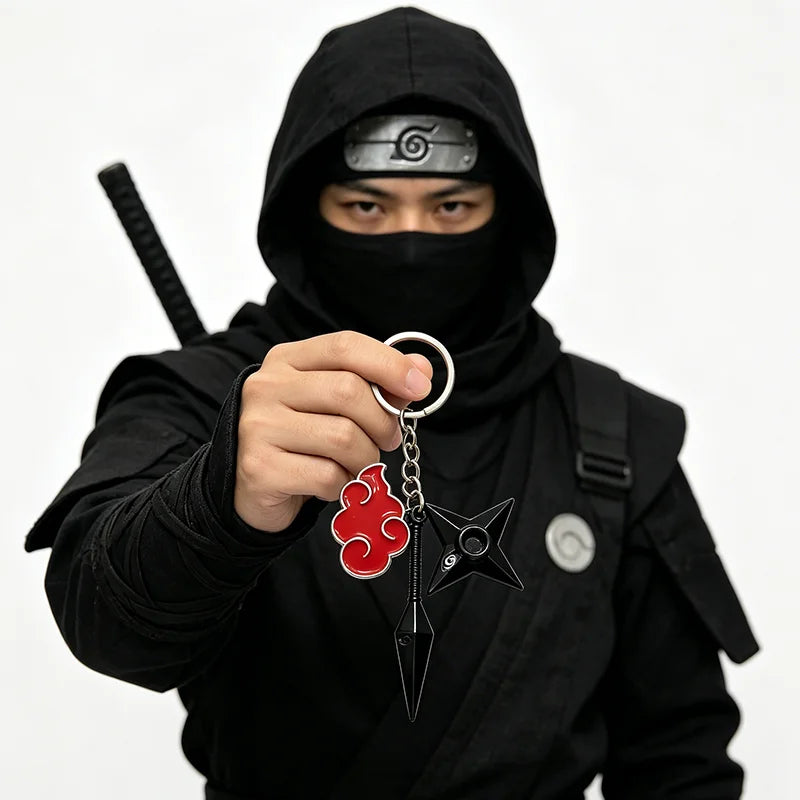 Anime Ninja Red Cloud Keychain Metal Kunai Shuriken Leaf Mark Headband