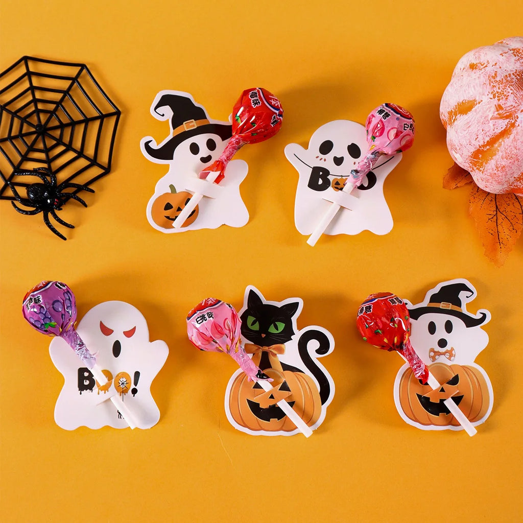 48pcs Halloween Lollipop Holder Cards Cute Pumpkin Ghost