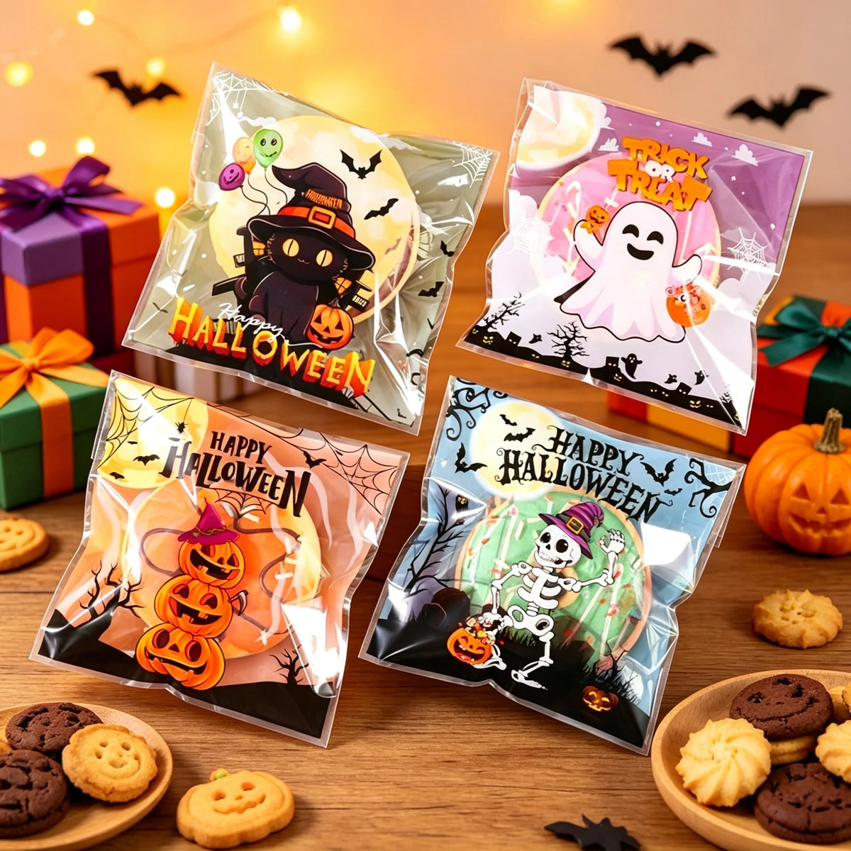 50 100 500Pcs Halloween Candy Bags Pumpkin Ghost Gift Cookie Self-Sealing