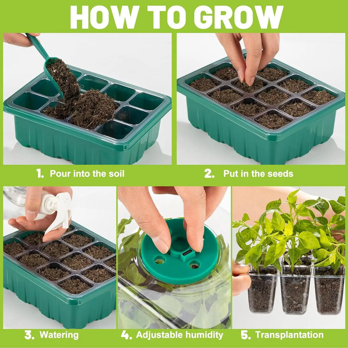 Seed Starter Tray Grow Light Humidity Dome Kit