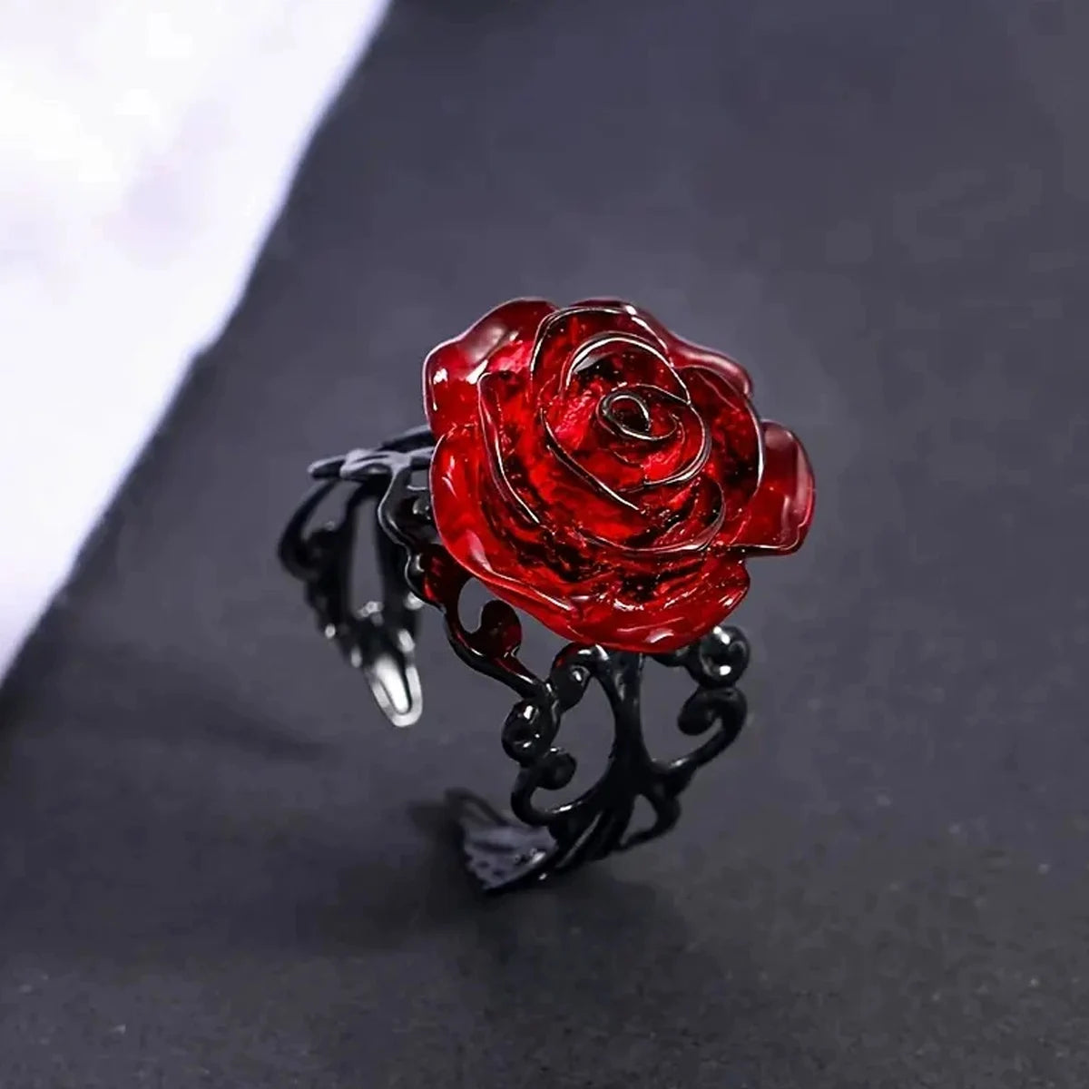 Punk Gothic Red Rose Ring Ornate Black Vine Witch