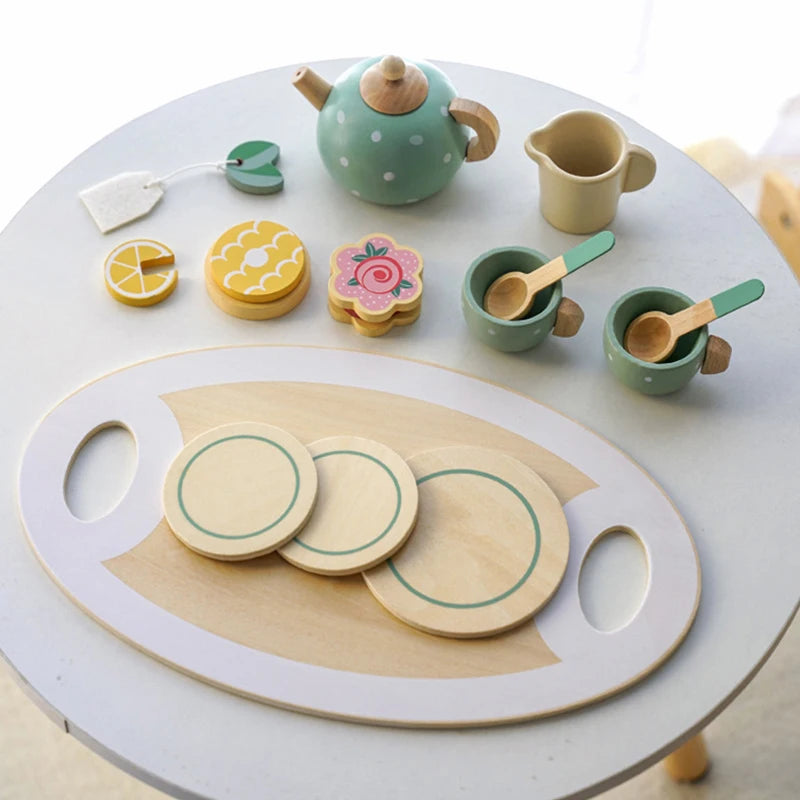 Kids Wooden Tea Set Play House Pretend Make Tea Teapot Teacup Afternoon