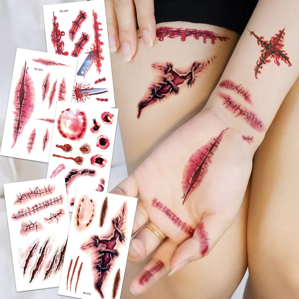 16 Pcs Halloween 3D Fake Scar Temporary Tattoos