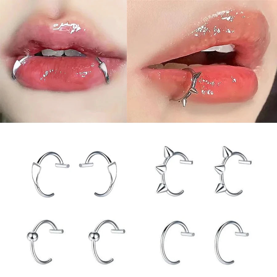 2PCS Trendy 10mm Stainless Steel Punk Clip on Fake Piercing Nose Wrap Lip
