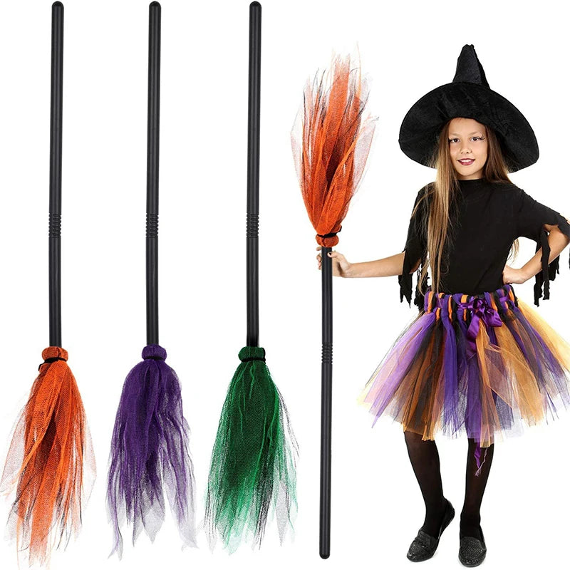 Halloween Witch Wizard Cosplay Props Black Magic Hats Flying Broomstick Decor